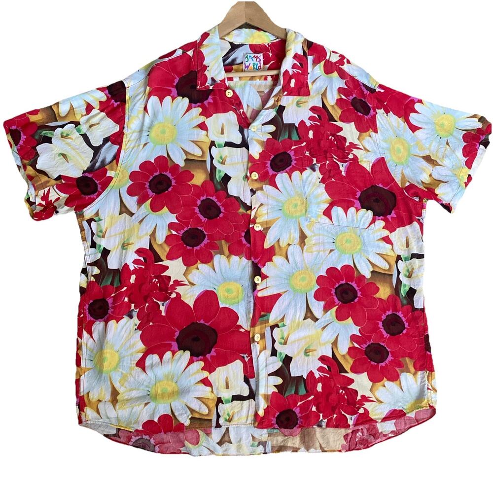 Vintage 90s Jams World All Over Print Daisy Floral Button Down Top Shirt Red XL